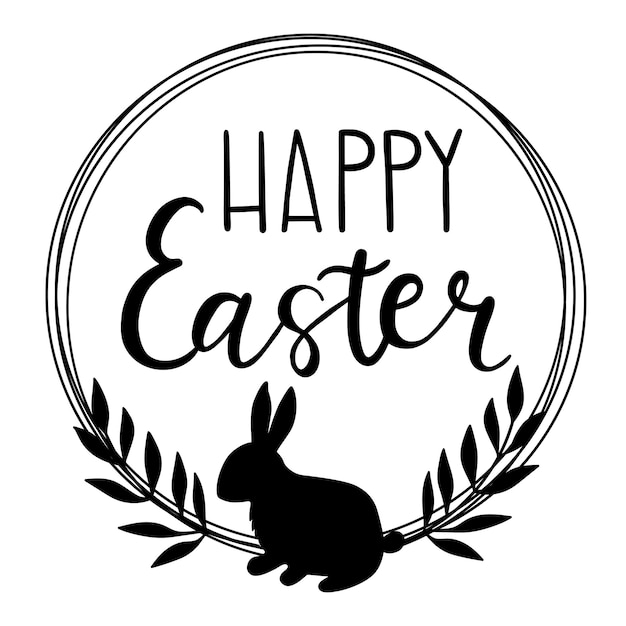 Vector happy easter vector calligraphy and brush pen lettering easter round wreath with bunny leaves