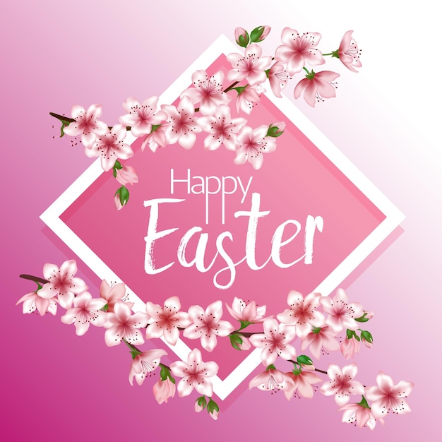 Happy Easter vector card Japanese cherry blossom pink sakura flowers frame