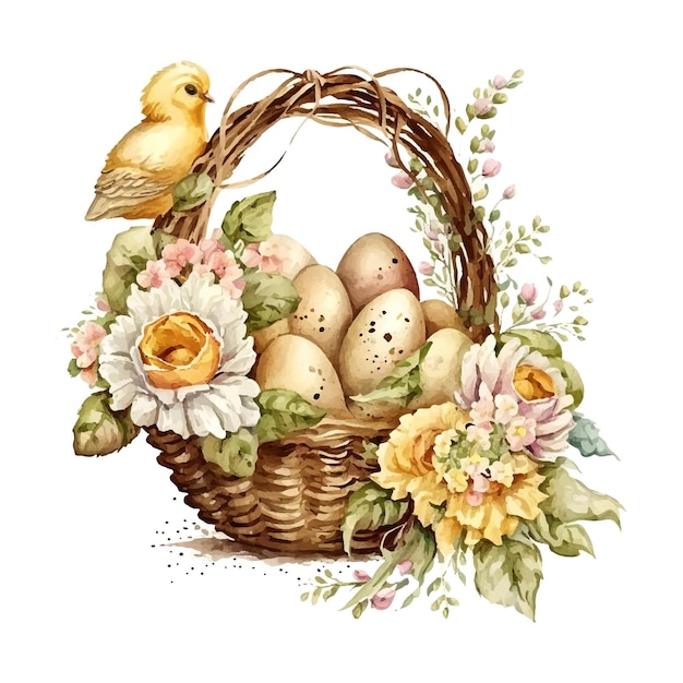 Happy easter Vector cute classic illustrations of easter eggs in a basket of flowers chick greeting card poster