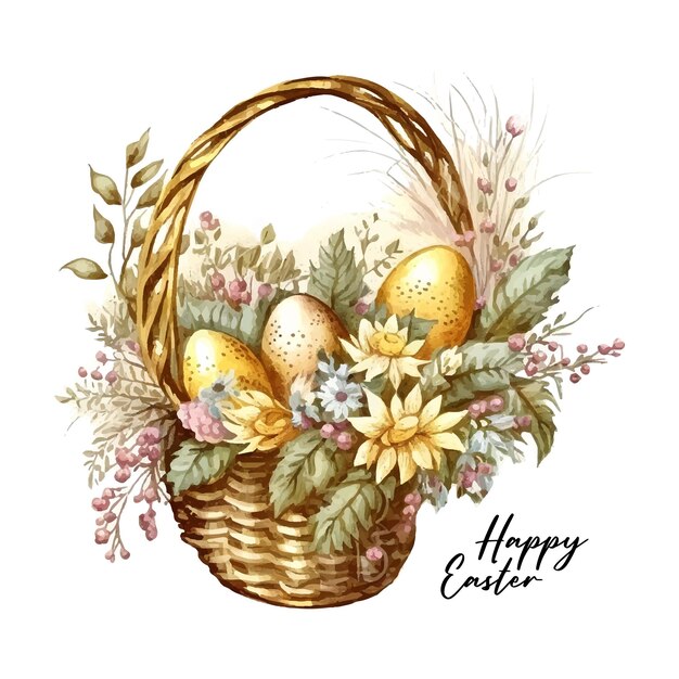 Vector happy easter vector cute classic illustrations of easter eggs in a basket of flowers chick greeting text for a greeting card poster or background