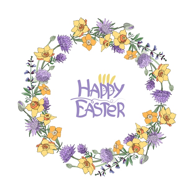 Happy Easter. Vector garden flowers. Wreath.