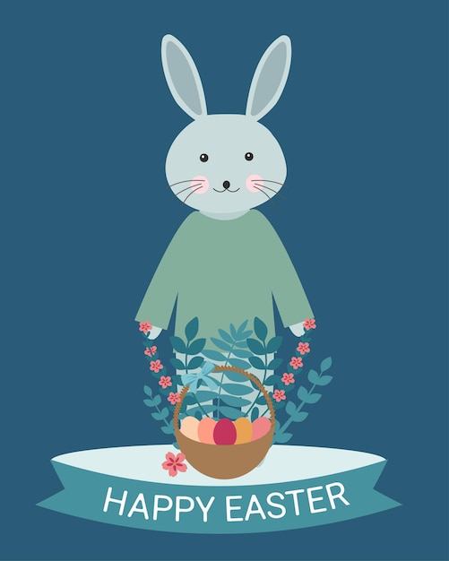 Happy easter vector illustration Easter poster with bunny basket colorful eggs and flowers