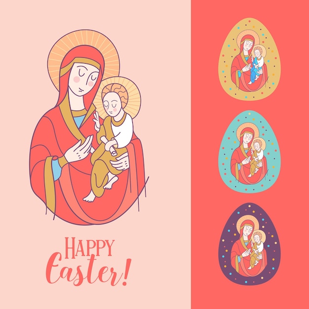 Happy Easter! Vector illustration. The virgin and Jesus Christ. Easter egg.