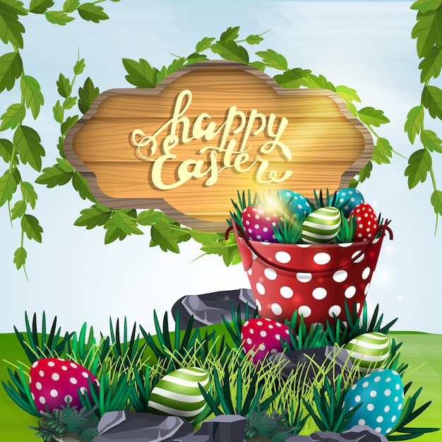 Happy Easter, vector illustration with wooden sign 