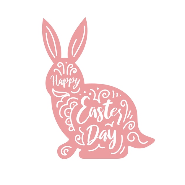 Happy easter Vintage lettering inscribed in the Silhouette of a pink rabbit Ethnic floral patterns For stickers posters postcards design elements