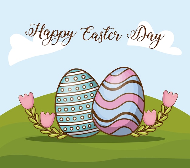 Happy easter with colorful easter eggs over landscape background