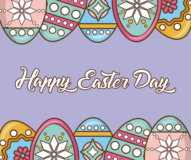 Happy easter with colorful easter eggs over purple background