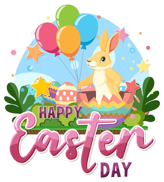 Happy Easter with Cute Bunny for Banner or Poster Design