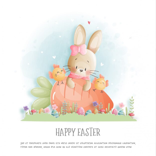 Happy Easter with cute bunny and Easter eggs in paper cut style  illustration.