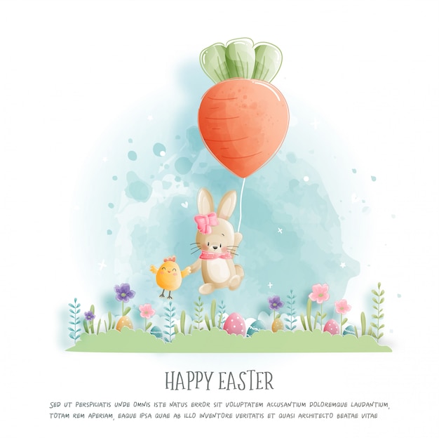 Happy Easter with cute bunny and Ester eggs in paper cut style  illustration.