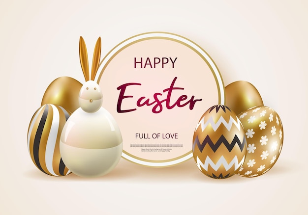 Happy Easter with pink gold realistic eggs.