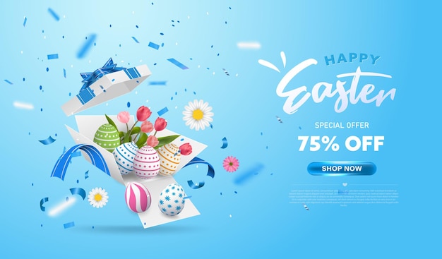 Happy Easter with surprise white gift box with colorful eggs, tulip flowers and blue ribbon. Open gift box isolated. Party, Shopping. Easter Sunday design banner.