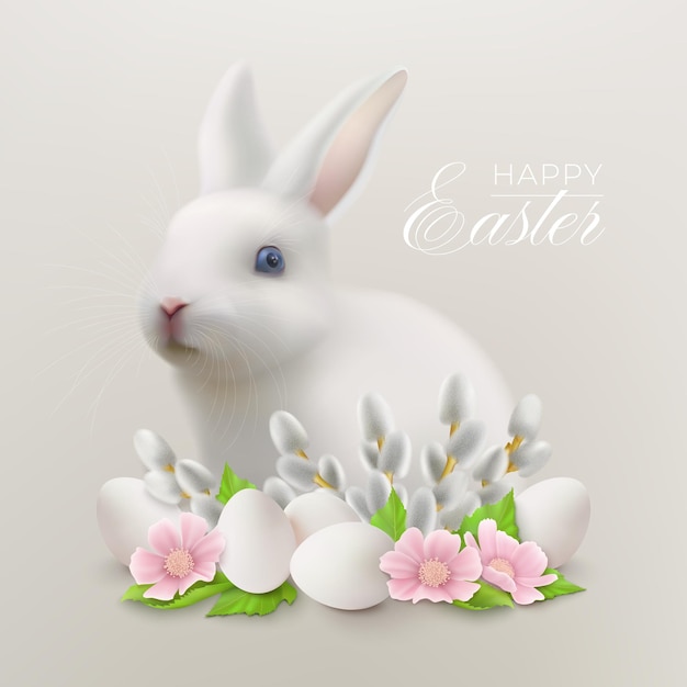 Happy Easter   with white hare sitting behind a flower arrangement with Easter eggs and pussy willow branches