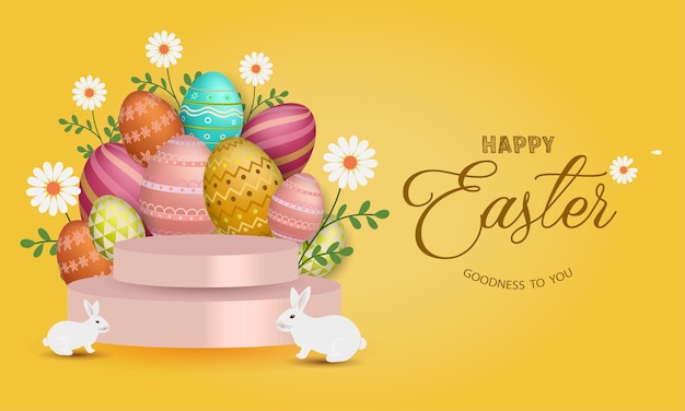 Happy Easter3D eggs with defferents texture elements and colorfulPodium and rabbit