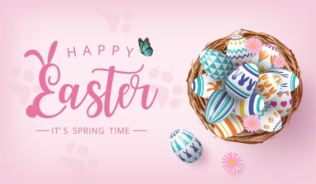 Happy Eater banner with colourful painted eggs in nest on pink background