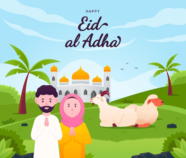 Happy eid al adha greeting card with a couple in front of a mosque