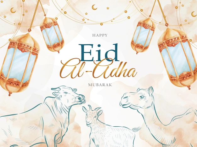 Happy eid al adha greeting card with watercolor lantern animal qurban template