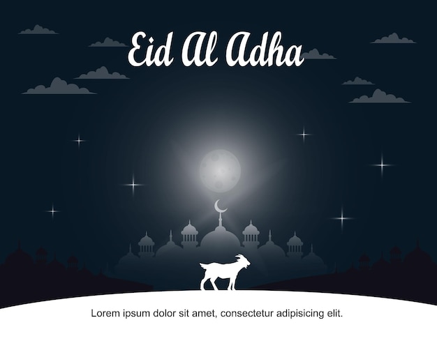 Happy Eid Al Adha greeting with mosque islamic and goat symbol