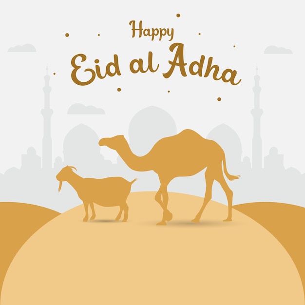 happy eid al adha idul adha with silhouette camel and goat in desert