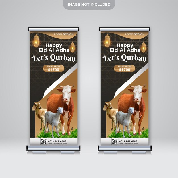 Happy eid al adha mubarak roll up banner design for islamic let's qurban