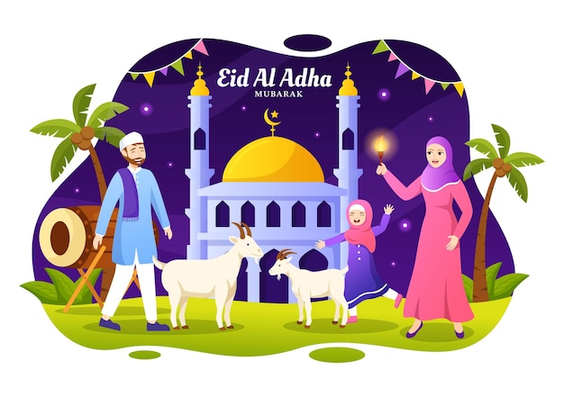 Happy Eid Al Adha Mubarak Vector Illustration of Kids Muslims Celebration with Sacrificial Animals