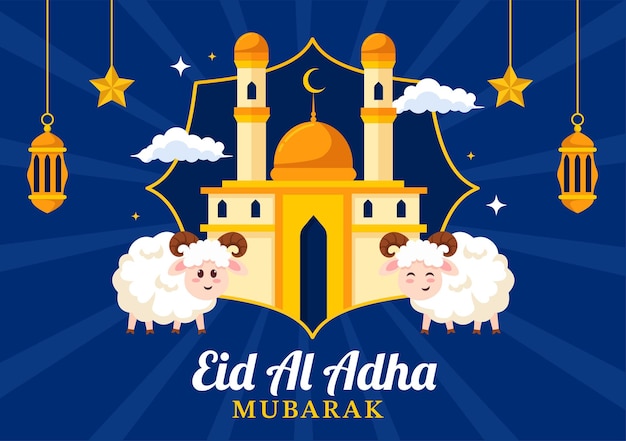 Happy Eid Al Adha Mubarak Vector Illustration of Muslims Celebration with Sacrificial Animals Goat