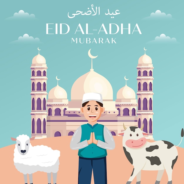 Happy eid al adha mubarak with men goats and cows on the mosque background