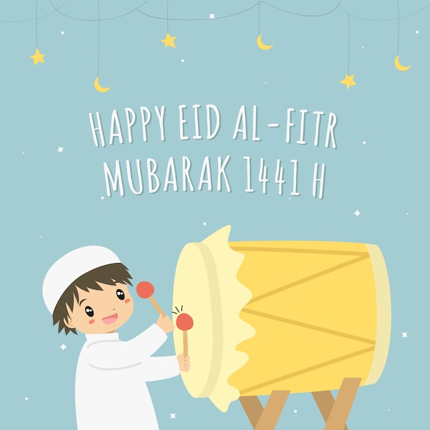 Happy Eid Al-Fitr 1441 H card vector. Muslim boy hitting yellow colored bedug