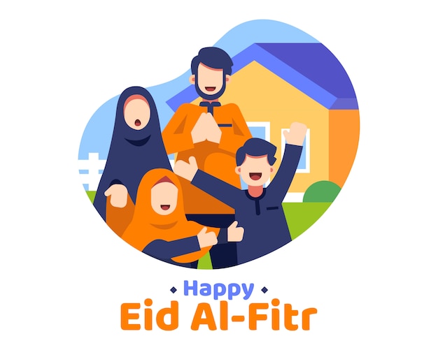 Happy Eid Al Fitr Background With Moslem Family Illustration