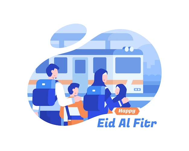 Happy Eid Al Fitr Background With Moslem Family Using Train Transportation Illustration