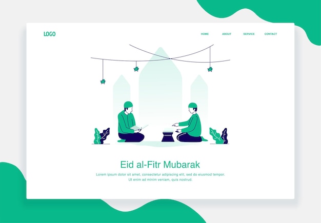 Happy eid al fitr illustration concept of two man sitting while reading the Quran flat design