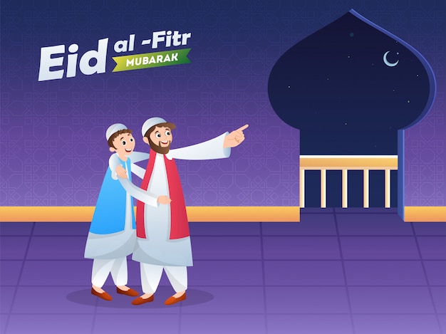 Happy Eid al-Fitr Mubarak, Cartoon character of happy men's hugging each other and seeing moon