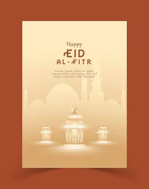 Happy eid al fitr poster or flyer template with lantern minimalist color silhouette mosque