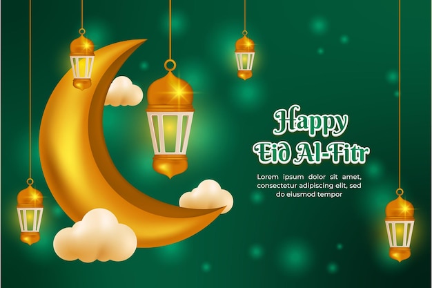 Happy eid alfitr background green with Crescent moon and lantern