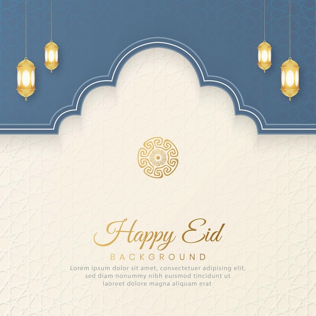 Happy Eid Arabic Ornamental Islamic Arch Pattern Background With Arabic Style Lanterns and Ornament