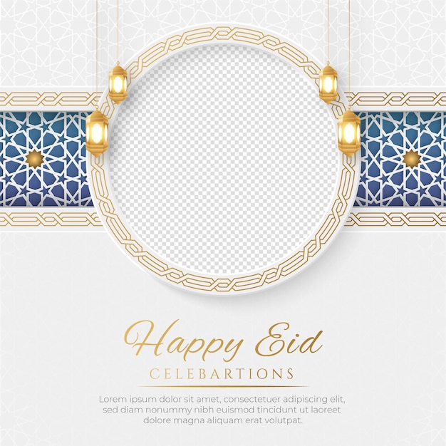 Happy Eid Luxury Islamic Social Media Post with Arabic Style Pattern and Photo Frame