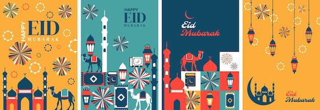 Happy eid Mubarak Al FItr poster Islamic vector background template with mosque and camel