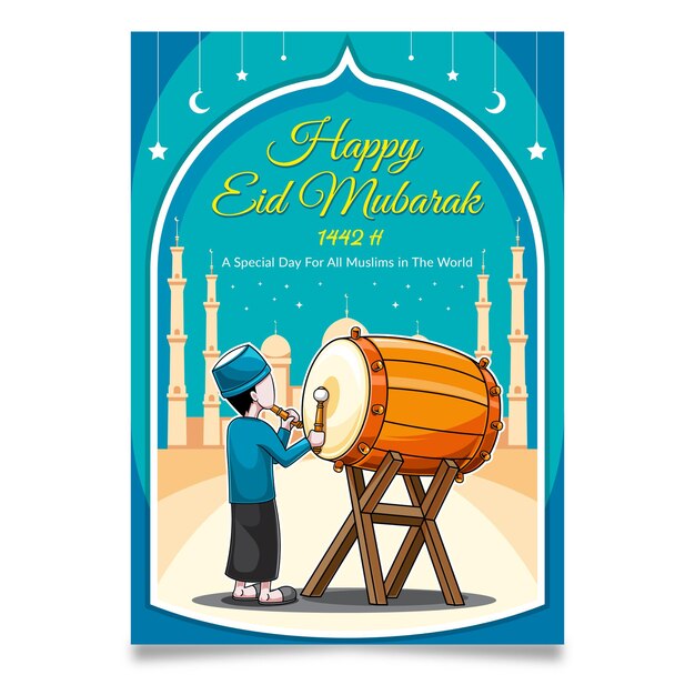 Vector happy eid mubarak card with drummer illustration