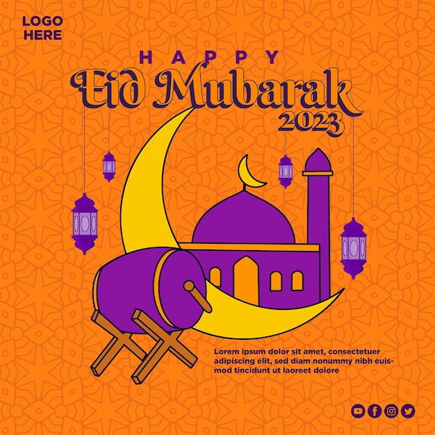 Happy eid mubarak flyer for instagram square feed orange with mosque illustration