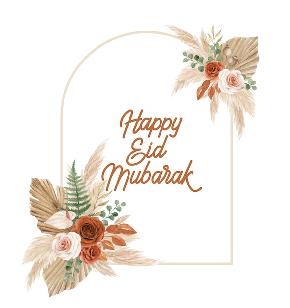 Happy Eid Mubarak greeting card template with bohemian floral arch