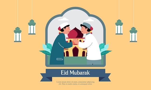 Happy eid mubarak ramadan mubarak greeting concept with people character illustration