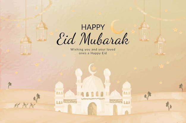 Happy Eid Mubarak with Arabian mosque floral watercolor background Premium Vector