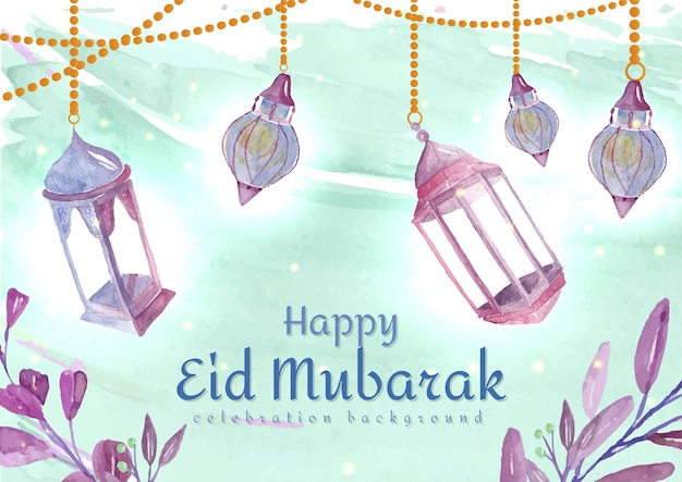 Happy eid mubarak with lantern and leaf watercolor concept