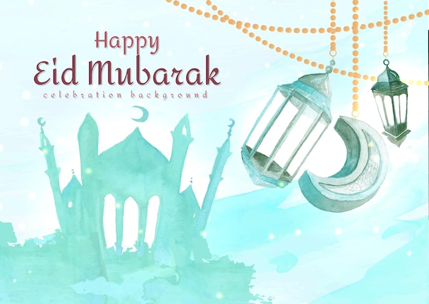 Happy eid mubarak with lantern and mosque watercolor concept