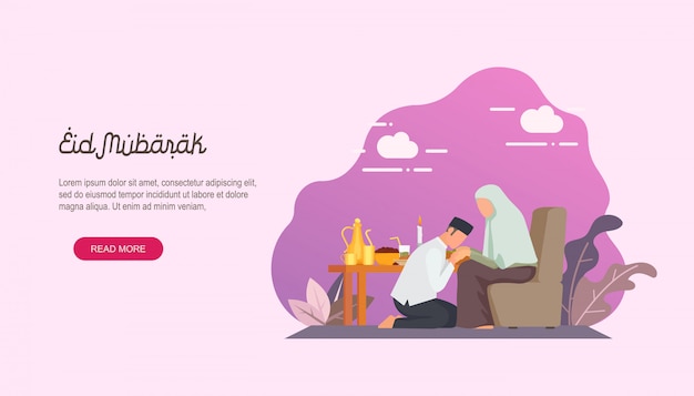 Happy eid mubarak with people character landing page