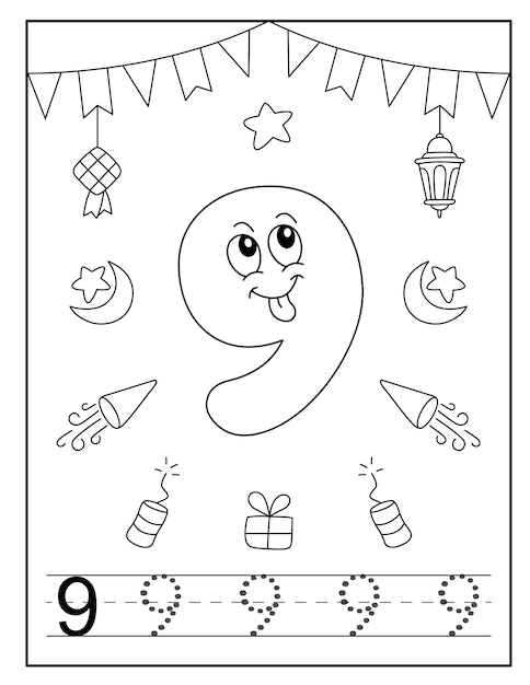 Happy Eid number coloring page for toddlers