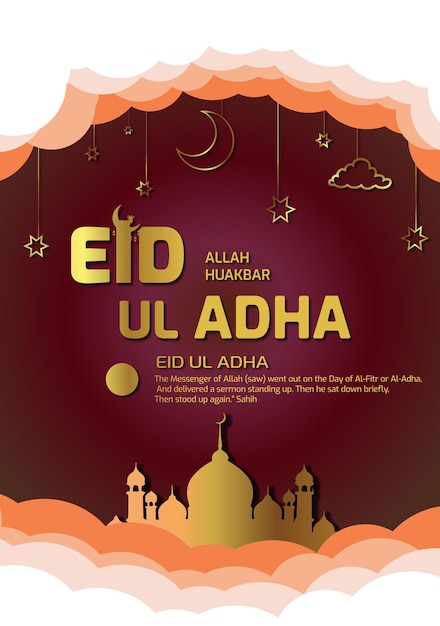 Happy eid ul adha poster with a background of lanterns moon and clouds all type file