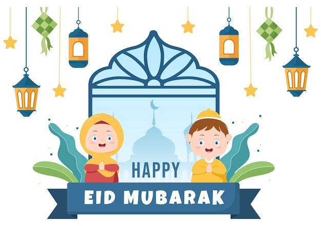 Happy Eid ulFitr Mubarak Background Illustration Muslim People with Shaking Hands and Apologize