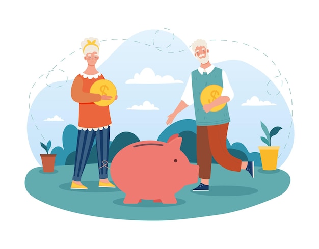 Vector happy elderly couple is saving money in piggy bank together old people collecting coins into pink