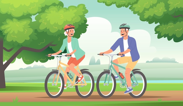 Happy elderly couple ride bicycle Seniors holiday Grandparents_ai_generated